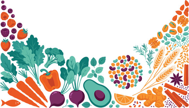 Fresh organic vegetables fruits grains and seeds food background with vegetables. Vector illustration