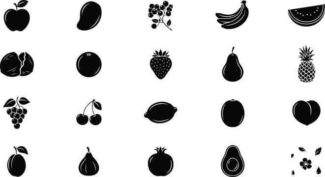 Fresh fruit silhouette vector icon collection featuring apple banana orange strawberry pineapple grape lemon cherry mango and avocado tropical food elements