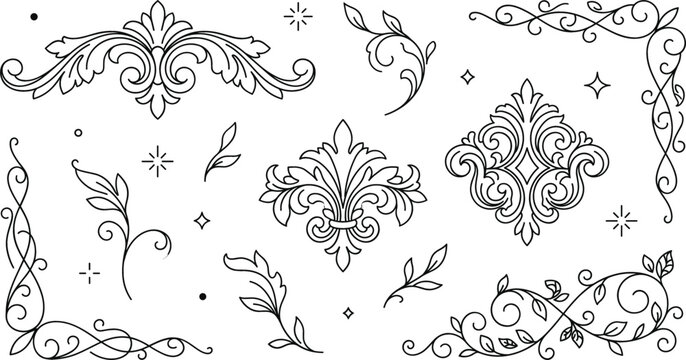 Vintage baroque ornament vector line art set with flourish corners filigree vignettes and floral elements for elegant design