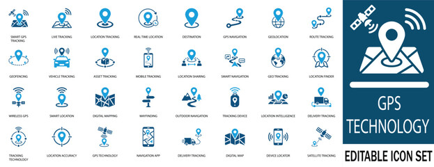 GPS navigation and location tracking vector icon set. Features smart tracking, geofencing, vehicle and delivery tracking icons for UI design. © Icon Nest Studio