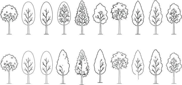 Tree elevation symbols. Deciduous, ornamental and landscape tree silhouettes for CAD drawings, architectural elevations, landscape design and urban planning. Editable vector