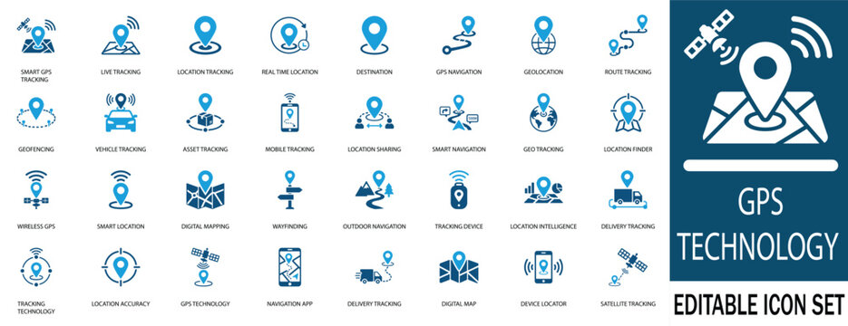 GPS navigation and location tracking vector icon set. Features smart tracking, geofencing, vehicle and delivery tracking icons for UI design.