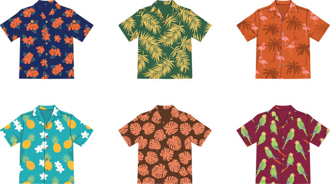 Hawaiian aloha shirts vector icon set featuring tropical patterns with palm leaves hibiscus flowers pineapples flamingos and parrots for summer vacation designs