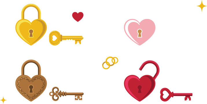 Heart shape padlock and key vector illustration set featuring romantic gold pink bronze and red open padlocks for valentine love designs
