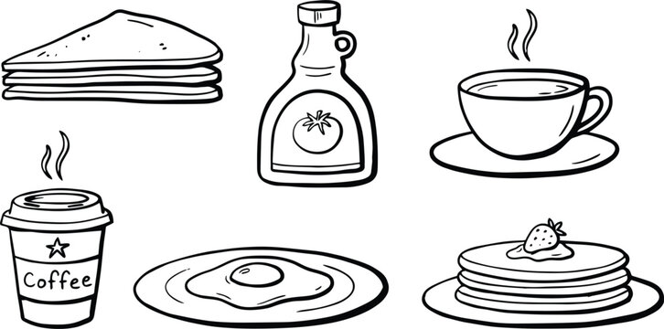 Hand Drawn Breakfast Food Collection Vector Featuring Sandwich, Coffee Cup, Syrup Bottle, Fried Egg, Pancakes, and Takeaway Coffee Sketch Icons