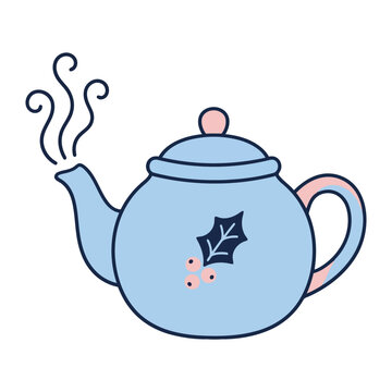 Cute Blue Teapot Vector Illustration With Festive Holly Leaf Pattern And Steaming Hot Tea Pot