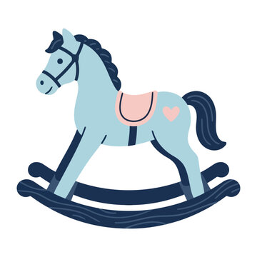 Cute Blue Wooden Rocking Horse Toy Icon with Pink Saddle and Heart Motif in Flat Vector Style