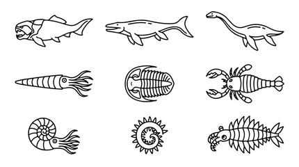 Prehistoric marine life icons set, 9 prehistoric sea creature line art vectors, ancient aquatic animals and fossils for educational science projects © Saad