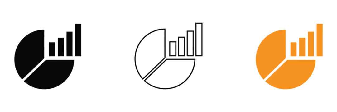 Pie chart and bar graph icons in black, White, And orange on white background for business and finance concepts