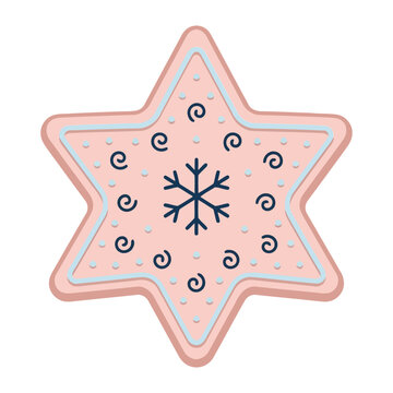 Pink Star Shaped Christmas Gingerbread Cookie With Blue Snowflake Pattern And Icing Vector Art