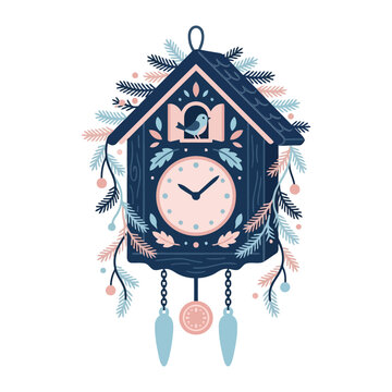 Decorative Wooden Cuckoo Clock Design with Festive Christmas Pine Branches and Bird Illustration