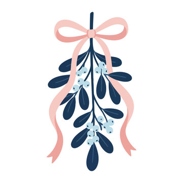 Christmas Mistletoe Illustration with Pale Pink Ribbon Bow Decor for Holiday Season Greeting Cards