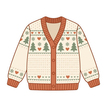 Cozy Christmas holiday fair isle knit cardigan sweater featuring festive trees and heart patterns