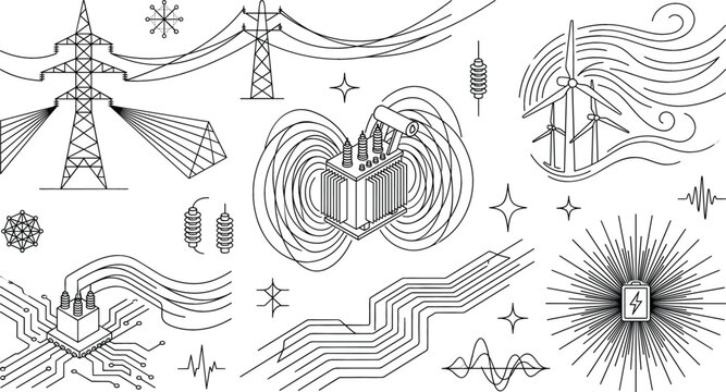 Electricity and power grid vector line art set with transformer wind turbine pylon battery and grid infrastructure icons