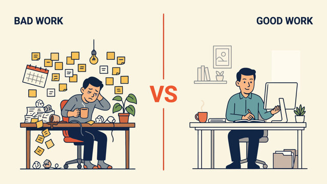 Versus illustration comparing poor workflow and effective good work. Vector illustration