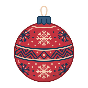 Red Christmas bauble illustration featuring white snowflakes and blue stripes perfect for festive