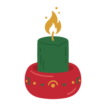 A Hand Drawn Flat Style Illustration Of A Festive Green Candle In A Decorative Red Ring Holder