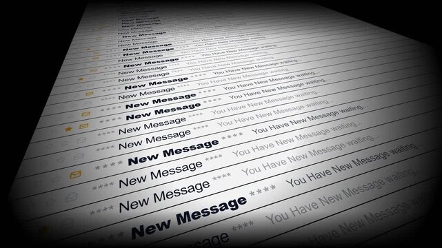 Email inbox interface with unread new message notifications scrolling vertically on a digital display screen with dark vignette borders.