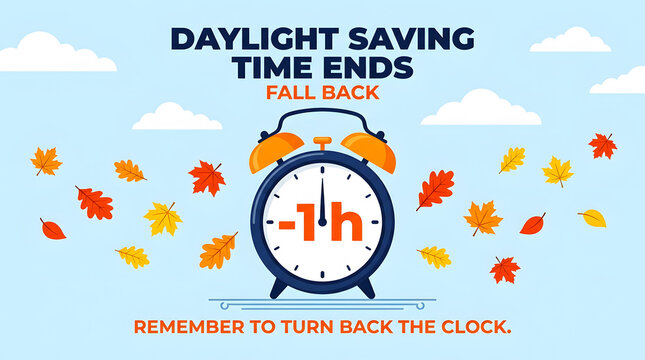 Daylight saving time ends reminder with autumn clock and falling leaves yellow orange