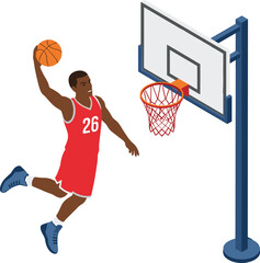 Isometric basketball player jumping high for a powerful slam dunk, black athlete in red uniform shooting ball into the hoop hoop © Sajib