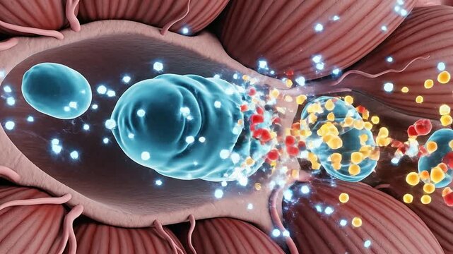 Detailed Macro Visual of Muscle Cell Interior Illustrating Energy Metabolism with Vibrant Molecules and Electromagnetic Activity