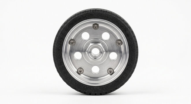 Extreme macro of an aluminum RC tank track road wheel with a rubber tire ring. Heavy hobby hardware isolated on a pure white background.