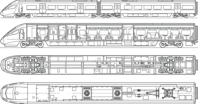 High speed passenger train blueprint vector illustration showing side profile interior cross section layout top and bottom views isolated on white background