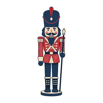 Classic Wooden Nutcracker Soldier Ornament Dressed in Red Uniform Standing on a White Background