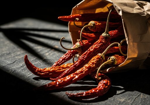 Dried red chili peppers spill out of a paper bag, casting dramatic shadows