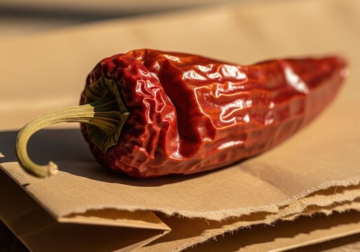 Close-up of a dried red chili pepper resting on crumpled brown paper