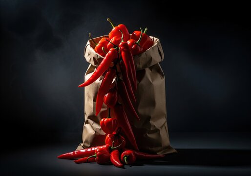 Bag full of fresh red chili peppers with some spilling out onto a dark surface