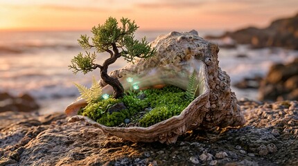 Fototapeta premium Miniature Bonsai Ecosystem Inside a Natural Seashell at Sunrise with Glowing Wildflowers