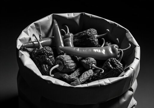 A variety of fresh and dried chili peppers are packed in a brown paper bag