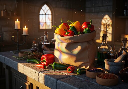 Assortment of colorful bell peppers in a burlap sack on a stone counter in a medieval setting