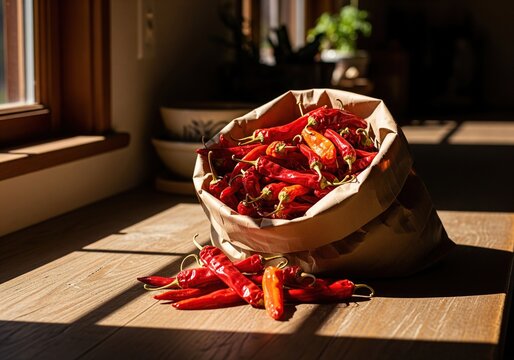 Rustic paper bag overflowing with vibrant red chili peppers on a wooden table bathed in sunlight