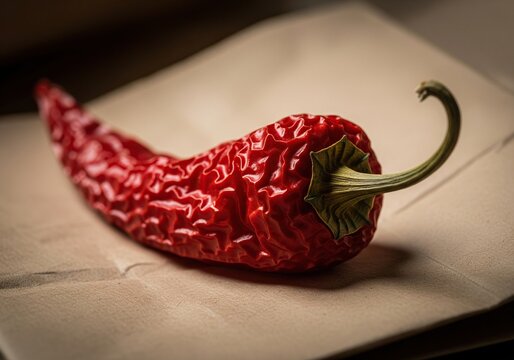 Close-up of a single, wrinkled red chili pepper with a curved stem resting on textured brown paper