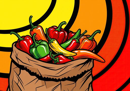 A paper bag overflowing with a vibrant assortment of fresh chili peppers against a colorful, abstract background