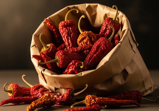 A bag full of dried chili peppers spilling onto a table with dramatic lighting
