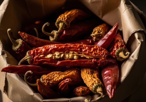 Close-up of dried red chili peppers spilling out of a paper bag