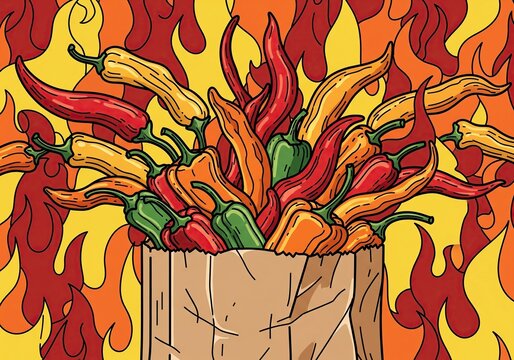 Bag overflowing with colorful hot peppers against a fiery flame background