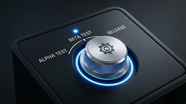 Modern control panel with rotary knob selecting beta test phase in software development cycle