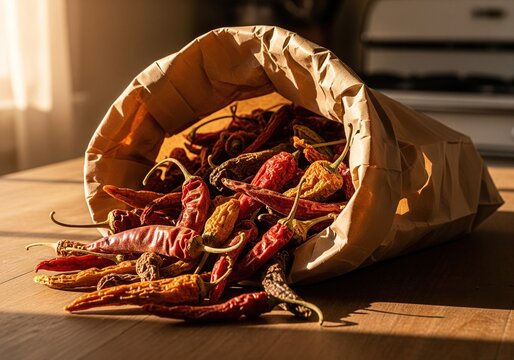 Pile of dried red chili peppers spilling out of a paper bag, illuminated by warm sunlight
