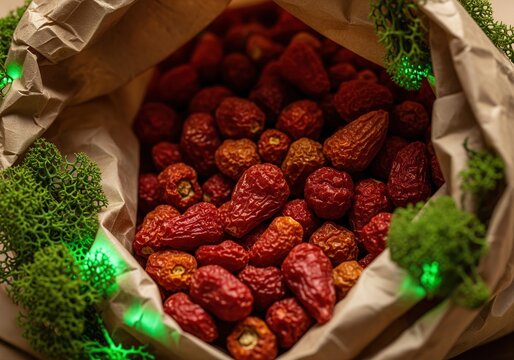 Close-up of dried red chili peppers overflowing from a brown paper bag with green moss and fairy lights