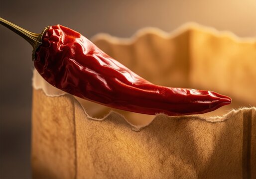 Dried red chili pepper resting on the edge of a rustic brown paper bag