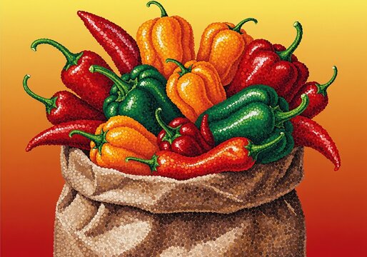 Vibrant assortment of fresh chili peppers overflowing from a rustic burlap sack against a warm gradient background