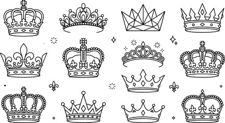 Royal crown line art vector collection featuring king queen tiaras geometric corolla imperial diadems and fleur de lis outlines © MdMursalin