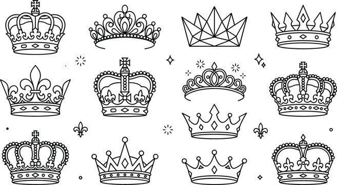 Royal crown line art vector collection featuring king queen tiaras geometric corolla imperial diadems and fleur de lis outlines