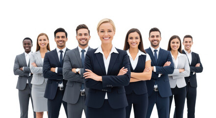 Fototapeta premium A diverse group of ten business professionals standing confidently with arms crossed, dressed in formal attire, including suits and blazers, with a central figure prominently positioned.