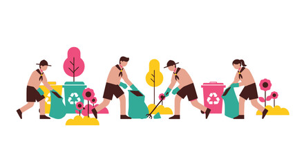 Fototapeta premium Group of scouts actively participating in a community cleanup and environmental protection initiative.