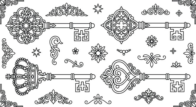 Vintage ornate key line art vector set with antique baroque filigree crowns scrolls flourishes and decorative frame elements
